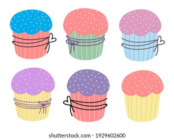 Easter cakes set. Cute Easter cupcake. Design for Easter, Birthday, Holidays. Vector illustration 