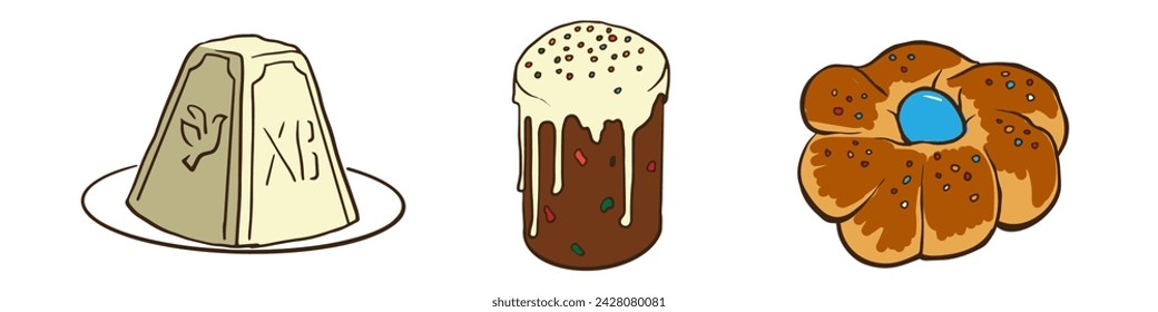 Easter cakes set. Happy Easter day bakery. Vector bread for cookbook, greeting card, poster, invitation, banner, menu design. Hand drawn doodle isolated illustration. Orthodox traditional bread. 