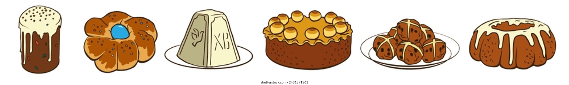 Set de pasteles de Pascua. Panadería del día de Pascua. Pan de vector para libro de cocina, tarjeta de felicitación, cartel, invitación, banner, diseño de menú. Dibujado a mano doodle ilustración cross ban, pannetone, pastel de Simnel