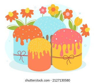 Pasteles de Pascua. Diseño elegante para afiches o banners para sitios web. Fiestas religiosas tradicionales de primavera, elementos para felicitaciones, tarjeta de invitación o postal. Dibujo vectorial plano de dibujos animados