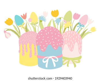 Easter cakes and spring flowers bouquet greeting card. Happy Easter card. Vector stock illustration. Cartoon style vector cakes and flowers. Bell flower, tulip, daisy.