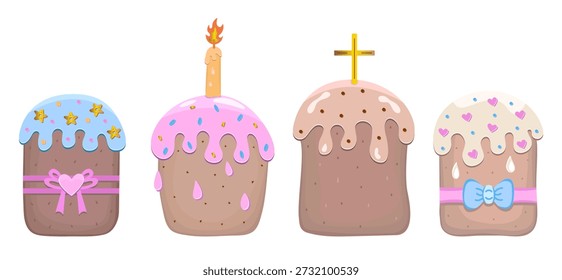 Pasteles de Pascua con glaseado de Vector, juego de colores. Kulichi con crema, ilustraciones caprichosas. Pasteles de levadura festivos con espolvorear y glaseado, pictogramas de pastelería paska