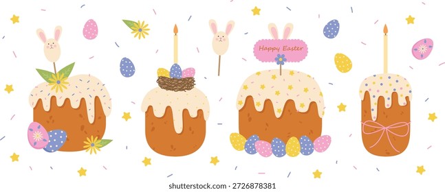 Vector de pasteles de Pascua con conejitos, huevos y velas