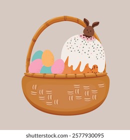 Easter cakes in a wicker basket with cream and sprinkles. Easter treats and chocolate bunnies. Festive vector illustration set of Easter cakes and eggs.