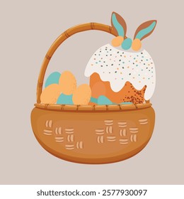 Easter cakes in a wicker basket with cream and sprinkles. Easter treats and chocolate bunnies. Festive vector illustration set of Easter cakes and eggs.