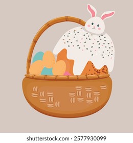 Easter cakes in a wicker basket with cream and sprinkles. Easter treats and chocolate bunnies. Festive vector illustration set of Easter cakes and eggs.