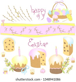 Easter cakes, willow, basket with painted eggs. Decorations for Easter.