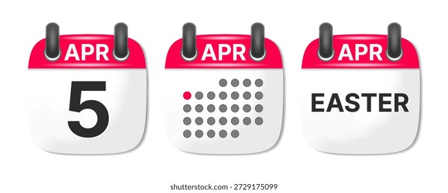 Icono de calendario de Pascua establecido para abril con fecha resaltada, ilustración de calendario de escritorio realista 3D para Festiva Planning, recordatorio de eventos, programación y Vector de administración de tiempo