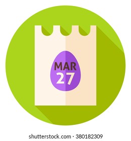Easter Calendar Poster with Egg Circle Icon. Flat Design Vector Illustration with Long Shadow. Spring Christian Holiday Symbol.