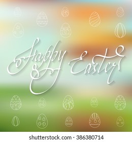 Easter caligraphy, hand drawn inscription Happy Easter with eggs on background