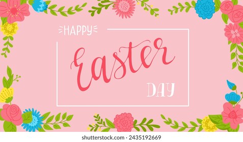 Easter calligraphic horizontal floral banner on pink background. Easter banner with flowers, greeting card template, illustration hand drawn lettering