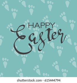 Easter calligraphy greeting card with rabbit footprint background. vector illustration