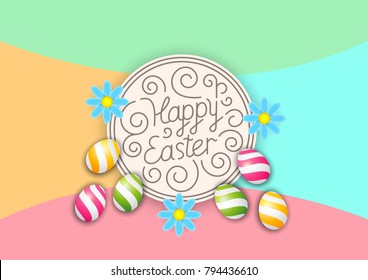 Easter calligraphy lettering. Template vector card with realistic eggs and flowers. Easter sale banner background template with beautiful colorful spring flowers and eggs. Vector illustration.