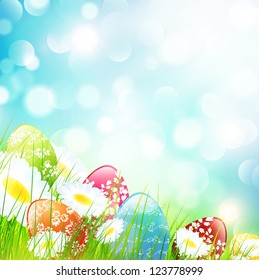 Easter Camomile Flower Field with Eggs Over Bright Background