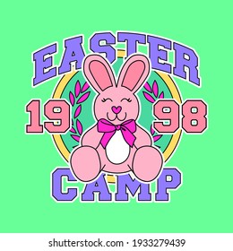 EASTER CAMP 1988, SLOGAN PRINT ILLUSTRATION OF A PINK BUNNY WITH A BOW TIE, VECTOR