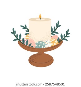 Easter candle with decorated eggs and green leaves in bowl. Happy Easter holiday card design. Flat vector illustration isolated on white background.