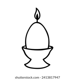 Easter candle of egg shape in candleholder or candlestick isolated on white. Black line drawing sketch. Vector illustration of Orthodox religion and traditions, christian holidays design, print.