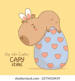 Easter Capybara in bunny ears on big paschal egg. Happy cartoon kawaii animal. Vector illustration. Holiday cool card with congratulation. Kids collection