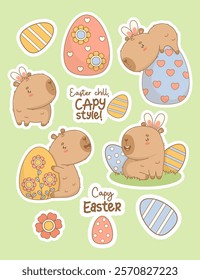 Easter Capybara stickers. Happy cartoon kawaii animal in bunny ears with decorative paschal egg and slogans congratulations. Vector illustration. Isolated Cute character and symbols for holiday design