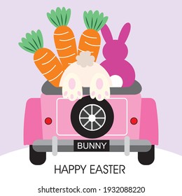 Easter car, bunny and carrot for easter greeting card