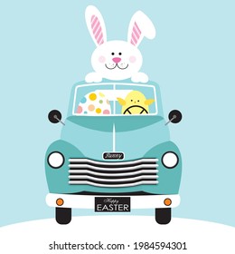 Easter car, bunny and chick for easter card