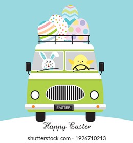 Easter car, bunny and chick illustration for easter greeting card