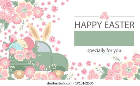 Easter car with bunny ears and painted eggs, flowers. Cute vector in pastel colors. White background. For covers, flyer, postcard, banner, sale, scrapbooking, notebooks etc.