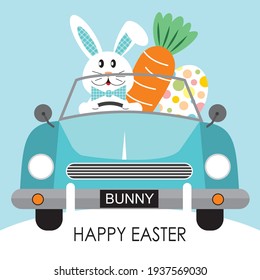 Easter Car, Bunny, Egg And Carrot For Easter Greeting Card
