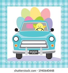 Easter car and eggs, chicken for easter greeting card