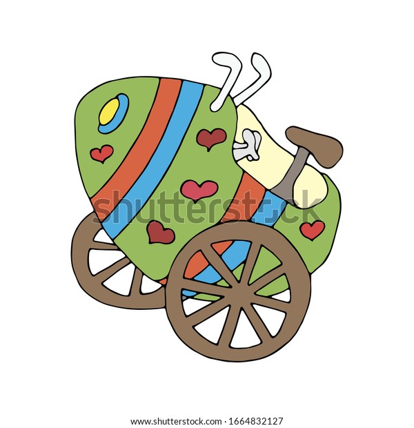 Easter car is\
a painted Easter egg with steering wheel, wheels and pedals. Hearts\
and stripes ornament. Funny eco car. Hand drawn vector.\
Illustration isolated on white\
background.