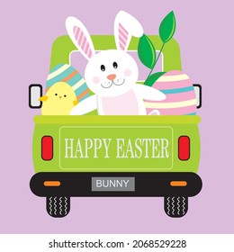 Easter Car, Rabbit And Eggs For Easter Greeting Card