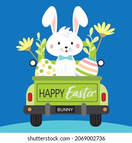 Easter car, rabbit and eggs for easter greeting card