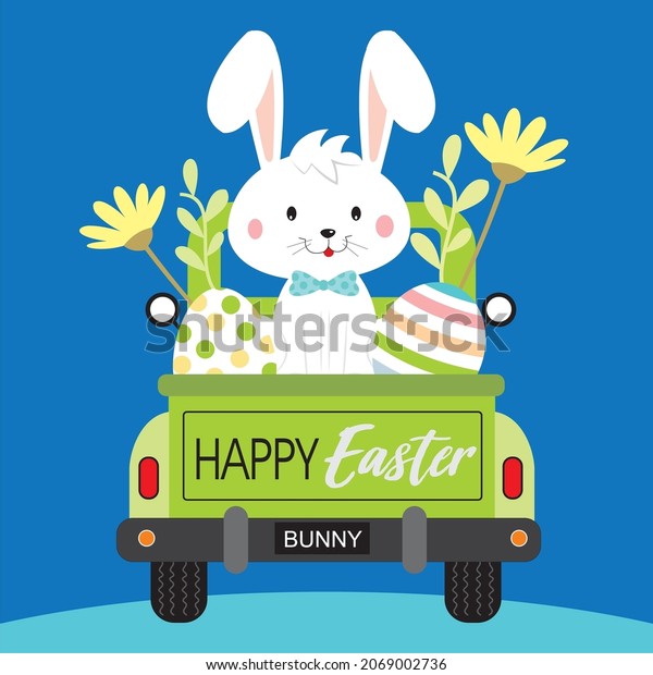 Easter car,\
rabbit and eggs for easter greeting\
card