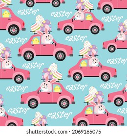 Easter Car And Rabbit Pattern For Easter Card Or Gift Wrap