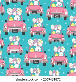 Easter car and rabbit pattern for easter greeting card, gift wrap design