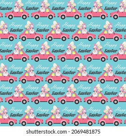Easter Car And Rabbit Pattern For Easter Greeting Card, Gift Wrap Design