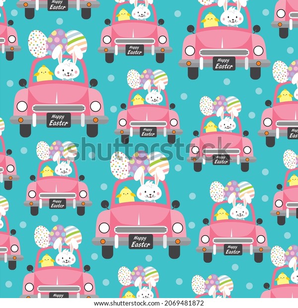 Easter car and rabbit pattern for easter greeting\
card, gift wrap design