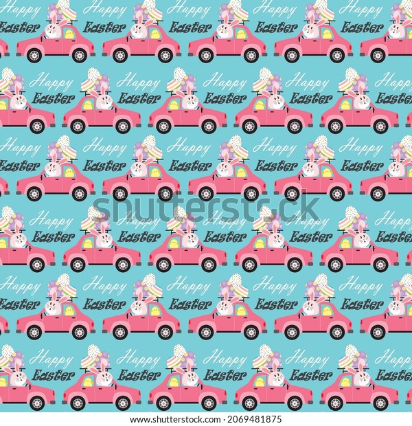 Easter car and rabbit pattern for easter greeting\
card, gift wrap design