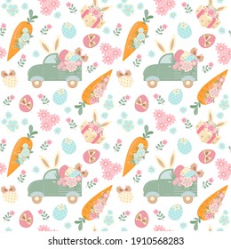 Easter car seamless background with bunny ears, flowers, painted eggs and bows. Cute pattern in pastel colors. For covers, fabrics, wallpaper in the nursery, wrapping paper, scrapbooking, notebooks
