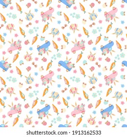 Easter Car Seamless Background With Bunny Ears, Flowers, Painted Eggs And Bows. Cute Pattern In Pastel Colors. For Covers, Fabrics, Wallpaper In The Nursery, Wrapping Paper, Scrapbooking, Notebooks