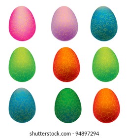 easter card with 3 decorated eggs under a lightened spring sky