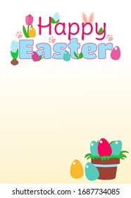 Easter card or advertisement, perhaps for an egg hunter. Text Happy Easter, decorative eggs, tulips, hare ears on a gentle beige background and place for your text. Bright design.