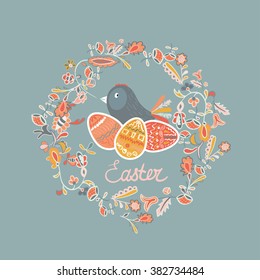 Easter Card. Background with bird and Easter eggs in a flower wreath.
