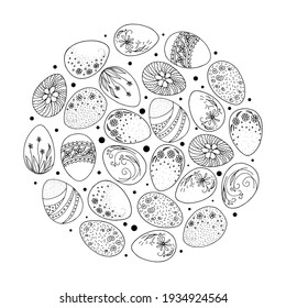 Easter card and background with hand drawn eggs and dots isolated on white background. Decorative frame made of Easter eggs in the shape of a circle.