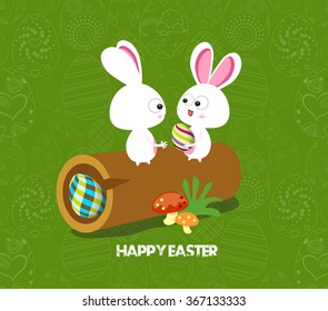 Easter card background - log with colored eggs and bunny