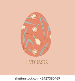 Easter card background with modern Easter egg snowdrops flowers hand drawn flat vector illustration, design festive border frame for greeting card ,banner, flyer, poster, wrapping, template, paper