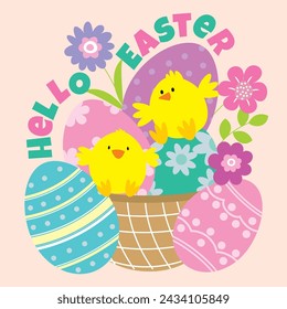 Easter For Card, Bag with Cute Chick and Eggs in Easter Basket