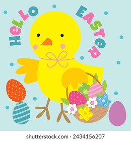 Easter For Card, Bag with Cute Chick and Eggs in Easter Basket vector