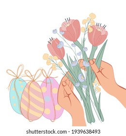 Easter card or banner backdrop with colored eggs and hands holding flowers, flat vector illustration on white background. Design for Easter holiday decorations.