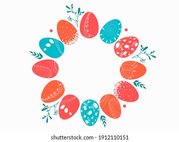 Easter card, banner and background design with red, blue, orange Easter eggs and green leaves arranged in circle frame on a white background. Copy space